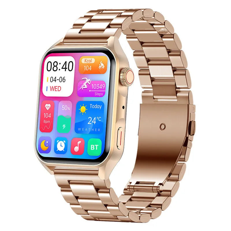 Pink, black, and silver grey AMOLED NFC smartwatch on a silicone strap showing its 1.8-inch touchscreen.
