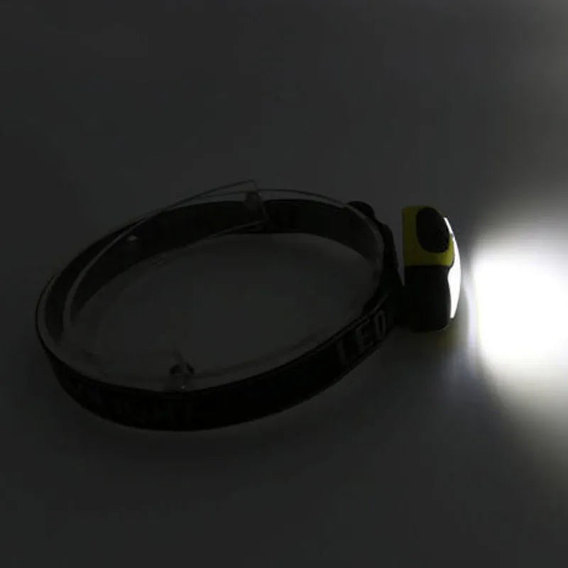 Yellow plastic headlamp with three speed settings and COB LED light for outdoor use.