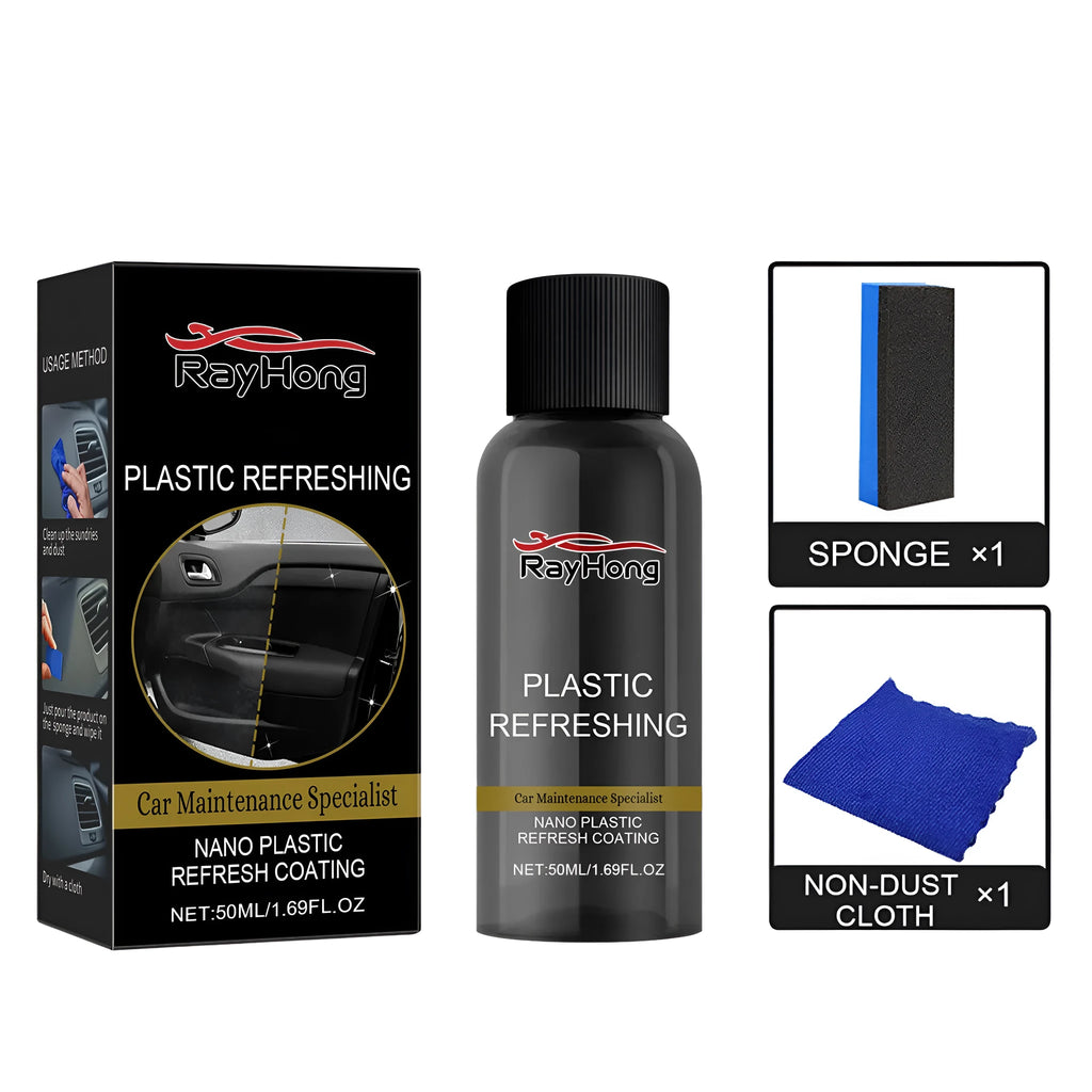 Nano plastic scratch repair kit with bottle, sponge and microfiber towel for car interior restoration