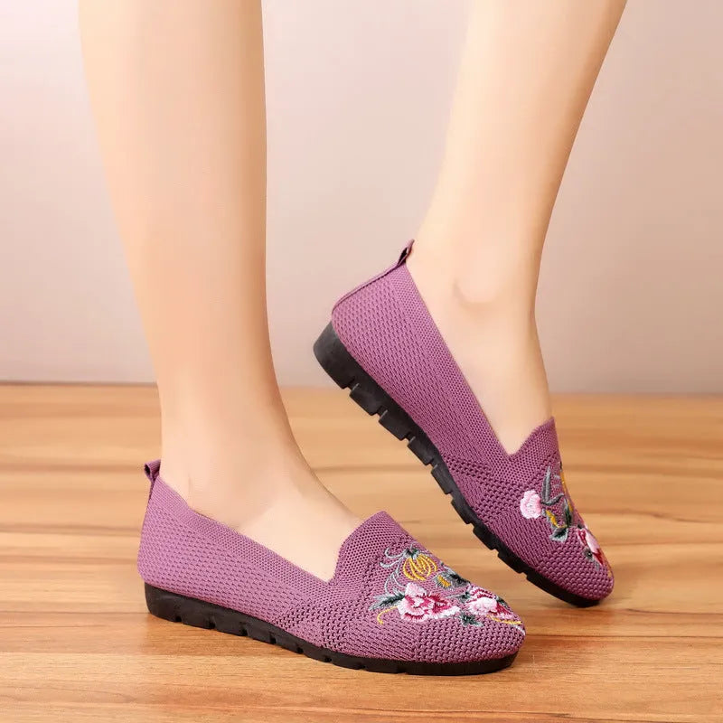 Women embroidered flying woven mesh cloth flat shoes round toe slip-on flat heel black colour