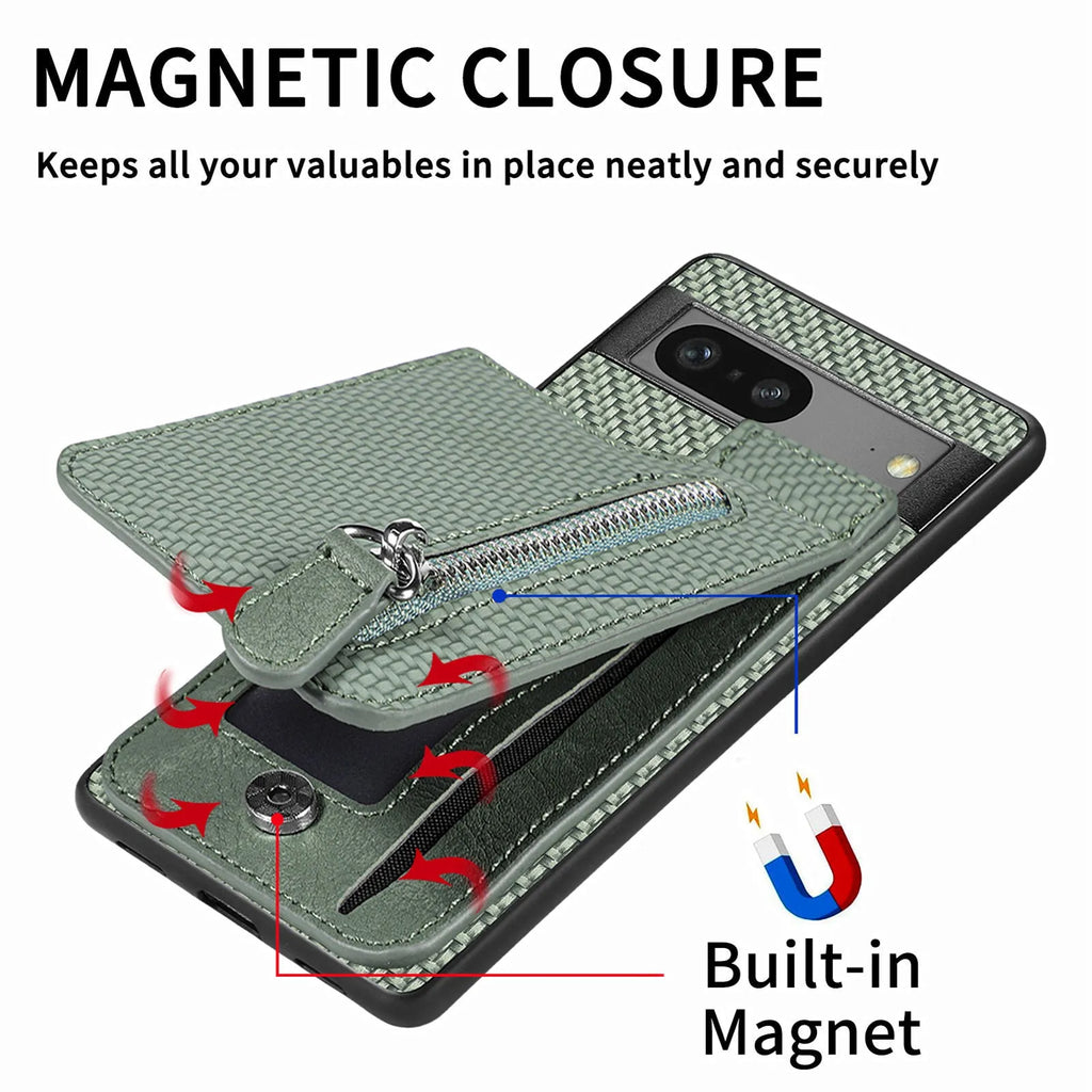 Multi-function TPU PU phone case with zipper card holder for Google Pixel, available in five colours black apricot green blue brown