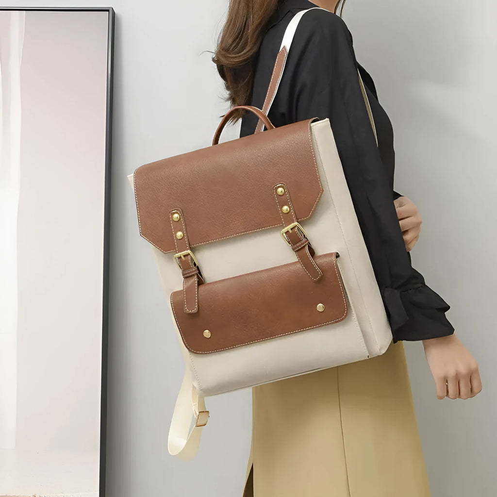 Korean style retro backpack in soft PU leather showing ventilation features and retro design elements