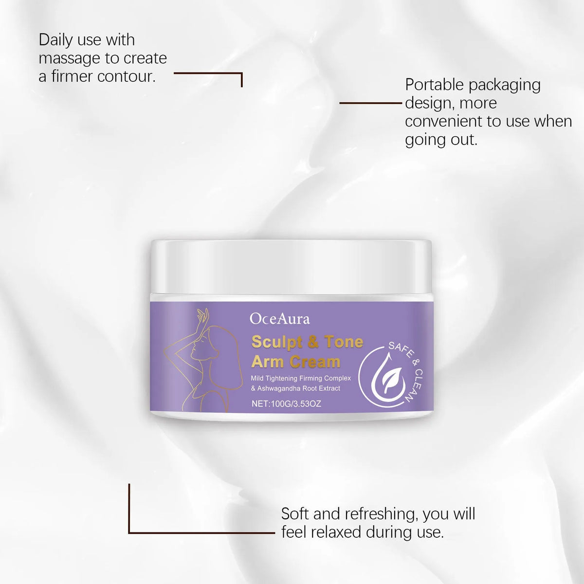 100g arm shaping and firming cream with hyaluronic acid, glycerin, and mineral oil for daily arm moisturising