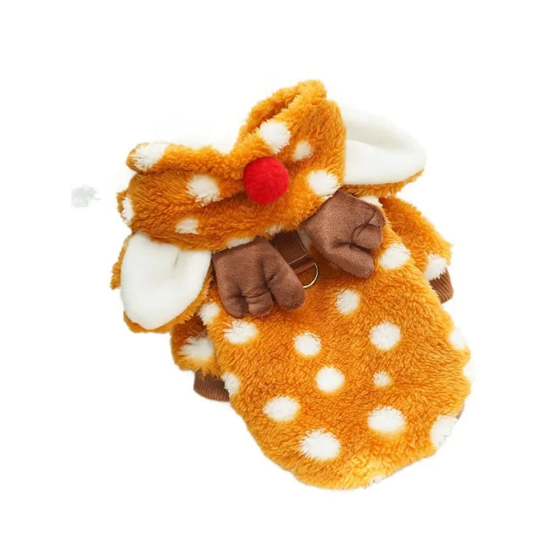 Elk design fleece-lined dog costume for small to medium breeds in Christmas red colour