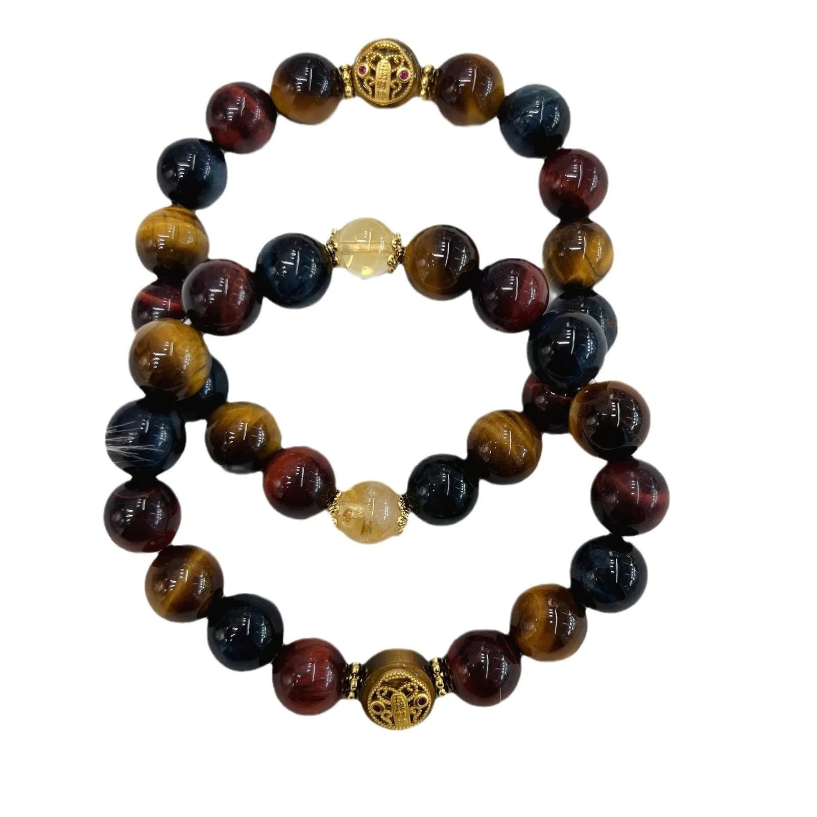 Natural tiger eye stone round beads on a Maillard chain bracelet, 18cm long.