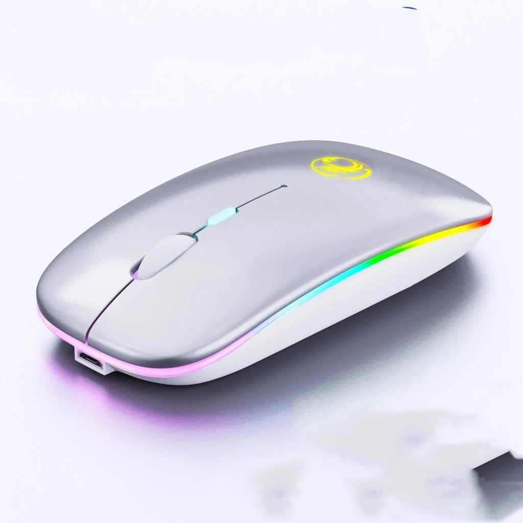 A black or white silent wireless charging mouse with dual-mode Bluetooth and 2.4G connectivity.