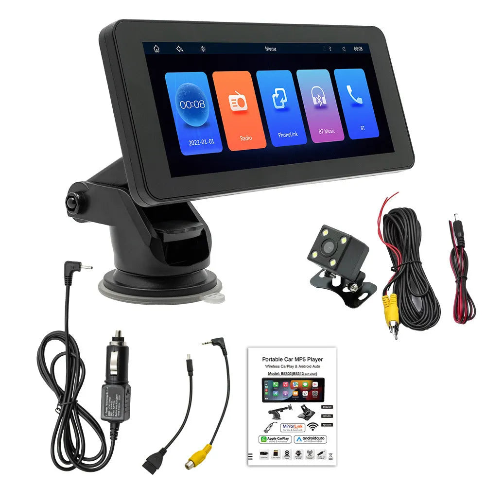 Portable wireless car video player with 6.86-inch IPS screen showing clear display