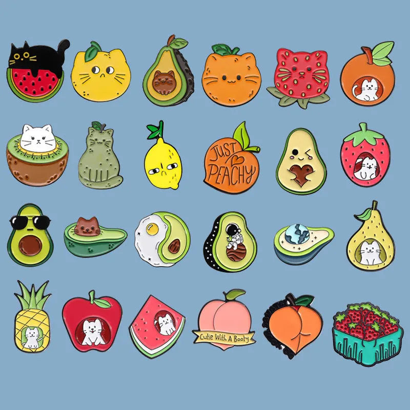 Colourful cartoon fruit design on a zinc alloy letter-shaped brooch pin.