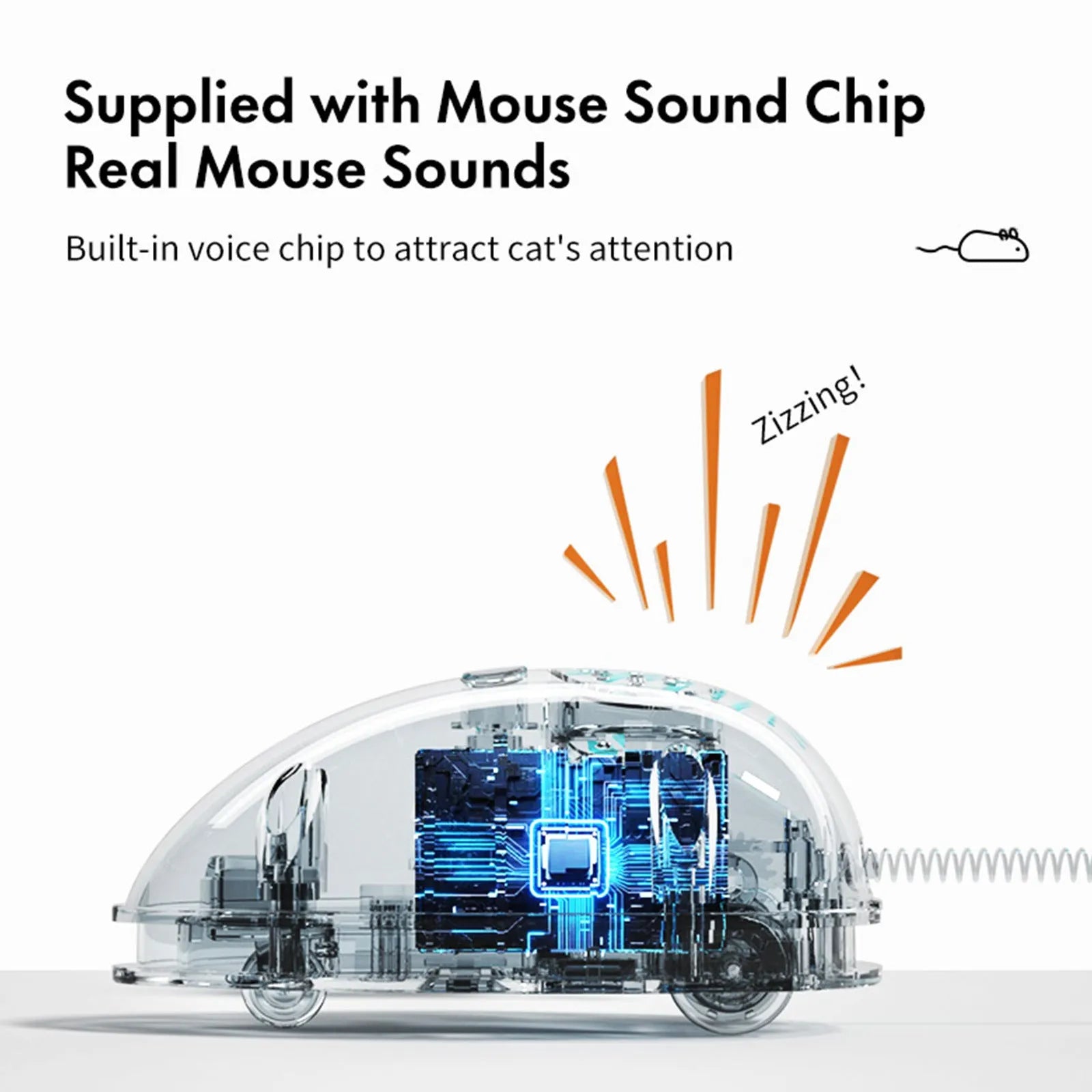 Electronic motion cat toy with moving mouse design, rechargeable battery, sound box and feather attachments in Blue and Yellow options