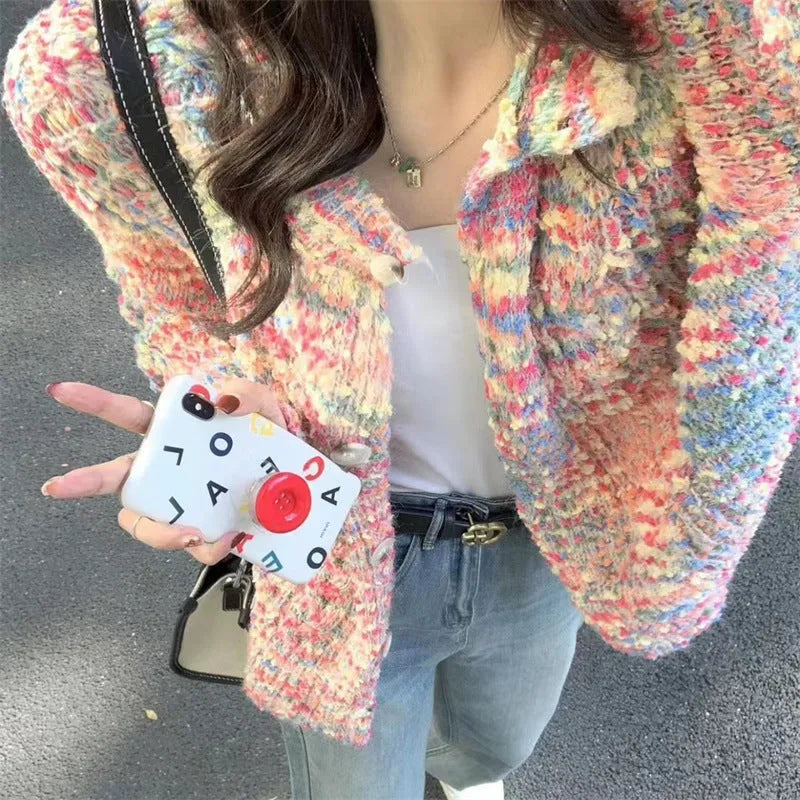 Rainbow knitted cardigan in acrylic fabric showing pink or green colour options with regular sleeves