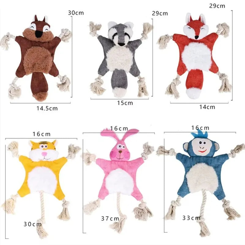 Set of six assorted plush squeaky dog toys in animal shapes including fox, koala, monkey, rabbit, squirrel, and tiger