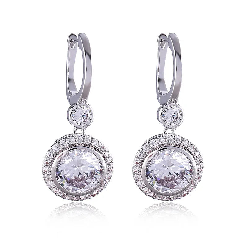 Round geometric copper micro inlay zircon stud earrings in platinum white finish