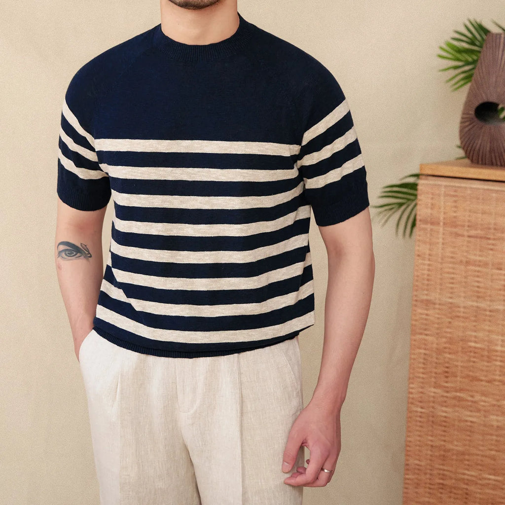 Linen cotton blend stripe t-shirt in navy blue colour with short sleeves and round neck