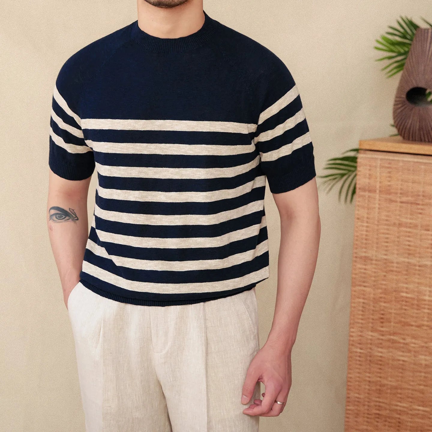 Linen cotton blend stripe t-shirt in navy blue colour with short sleeves and round neck