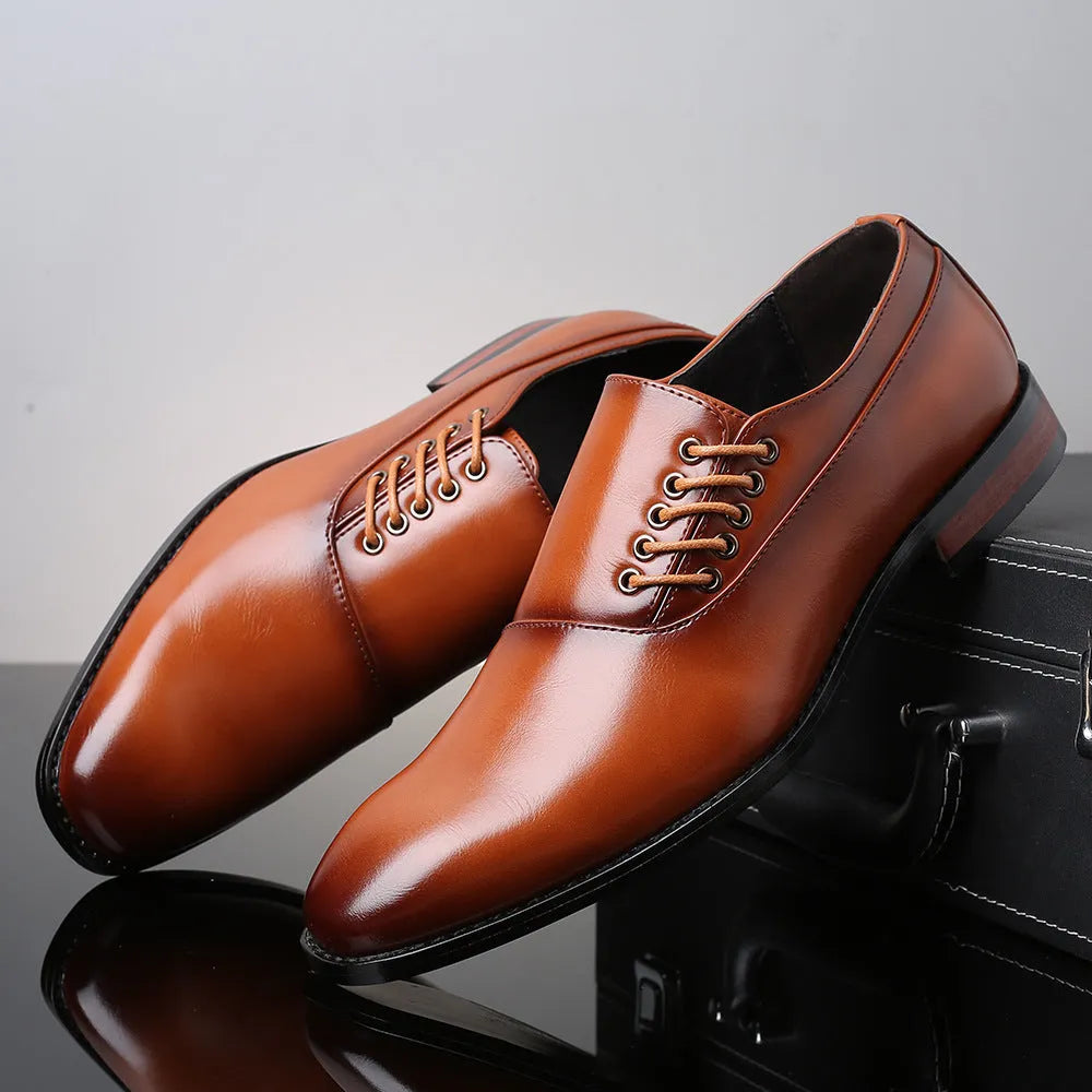Japanese square toe large size men's lace-up shoes in black with leather stitching and rubber sole