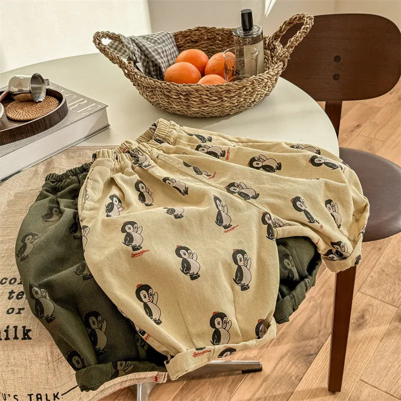 Cartoon printed cotton harem children's casual pants in 5051 Yellow, elastic waistband, available in sizes 80cm to 130cm