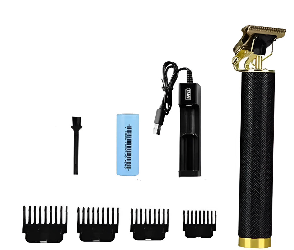 Black rechargeable electric hair clipper with gold steel blades and four guide combs