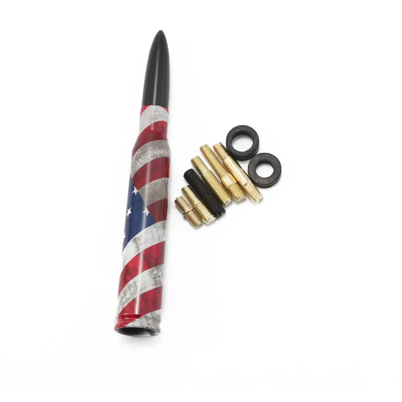 Universal 14cm car antenna shown in colour black, camouflage green, and American flag designs