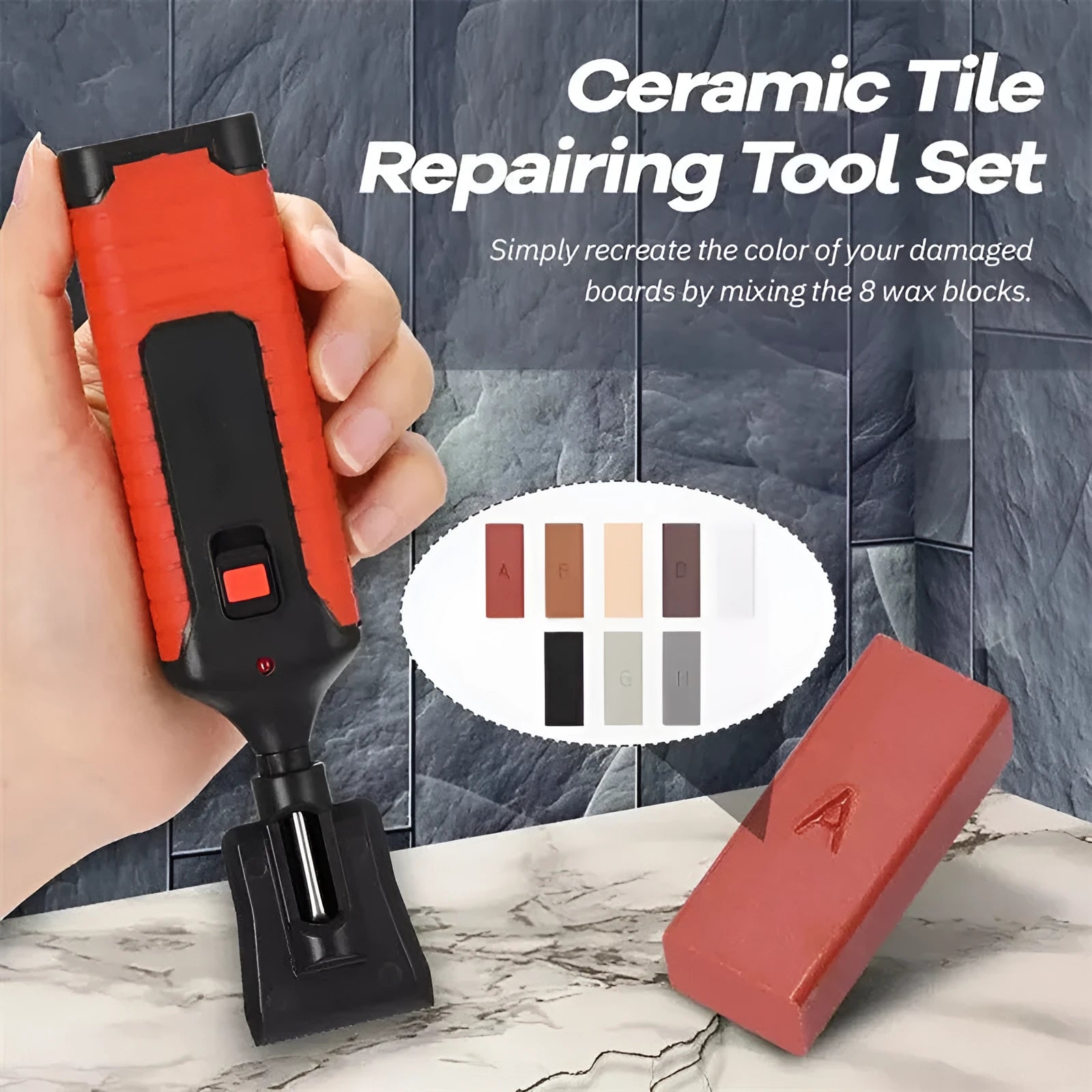 DIY floor tile repair tool set with coloured wax sticks for scratch and chip restoration