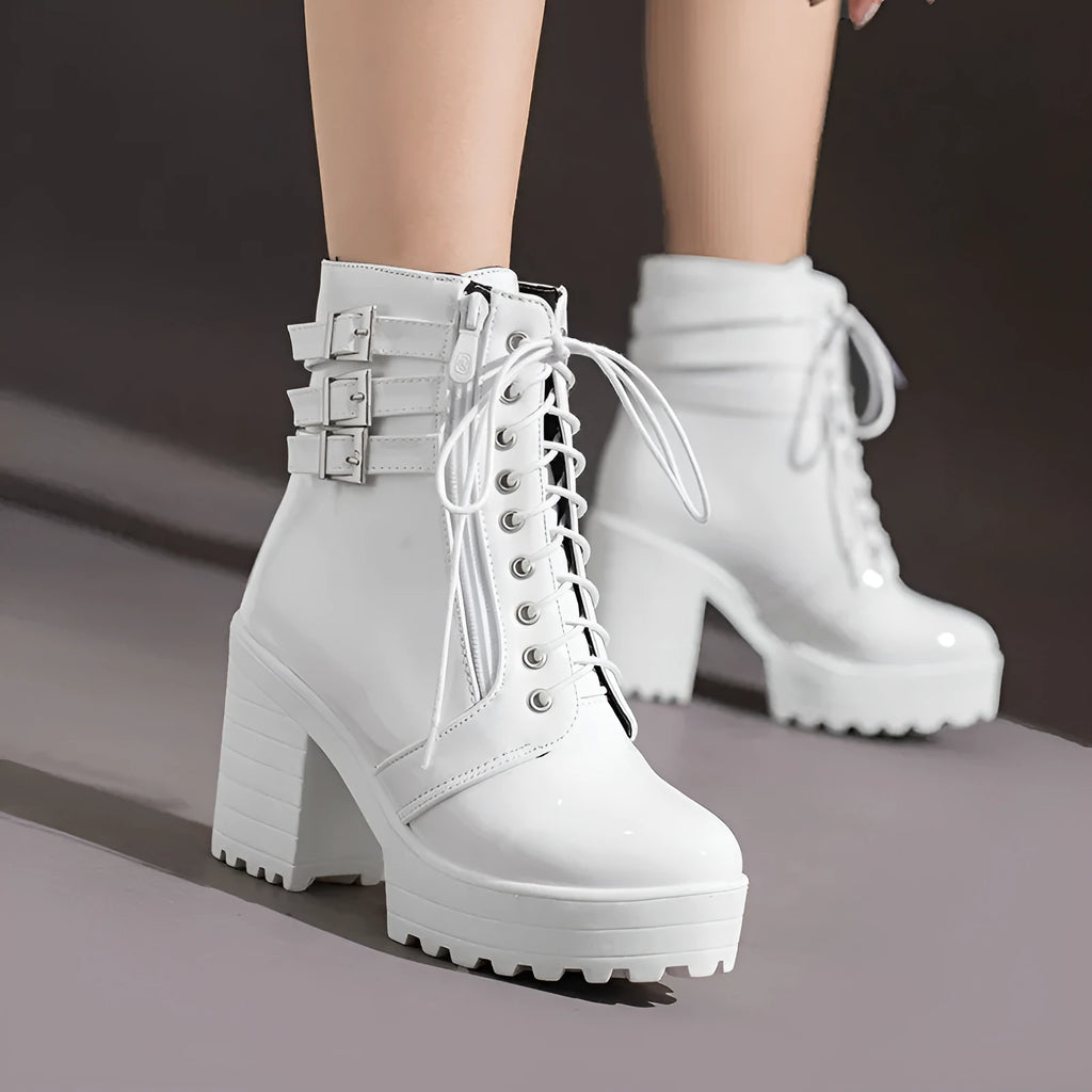 Women's waterproof winter boots with thick 6-8 cm heel and lace-up front in multiple colours