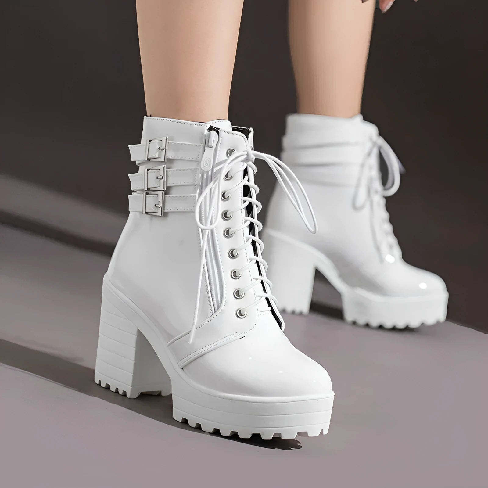 Women's waterproof winter boots with thick 6-8 cm heel and lace-up front in multiple colours