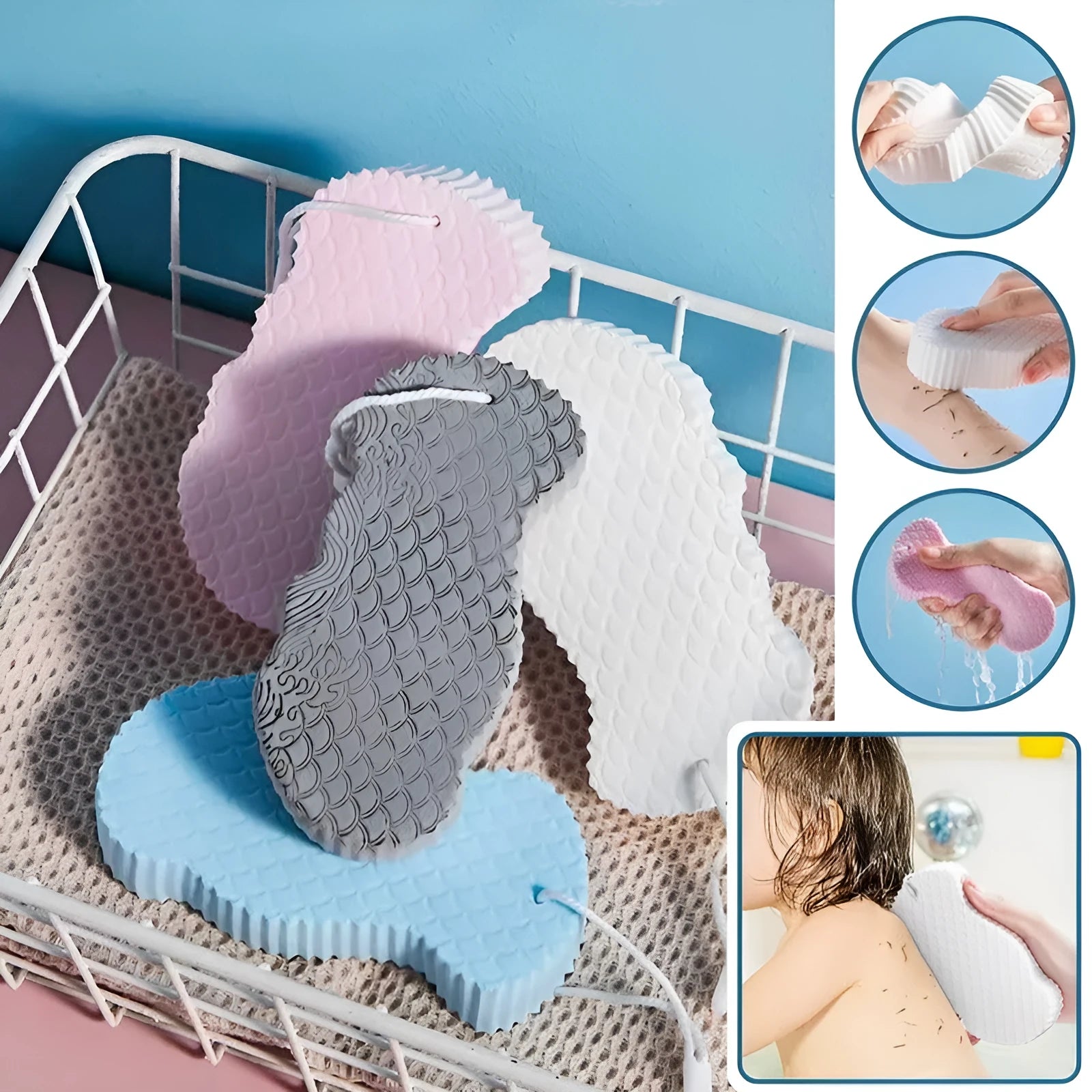 White 3D bath sponge with fish scale pattern texture for body exfoliation