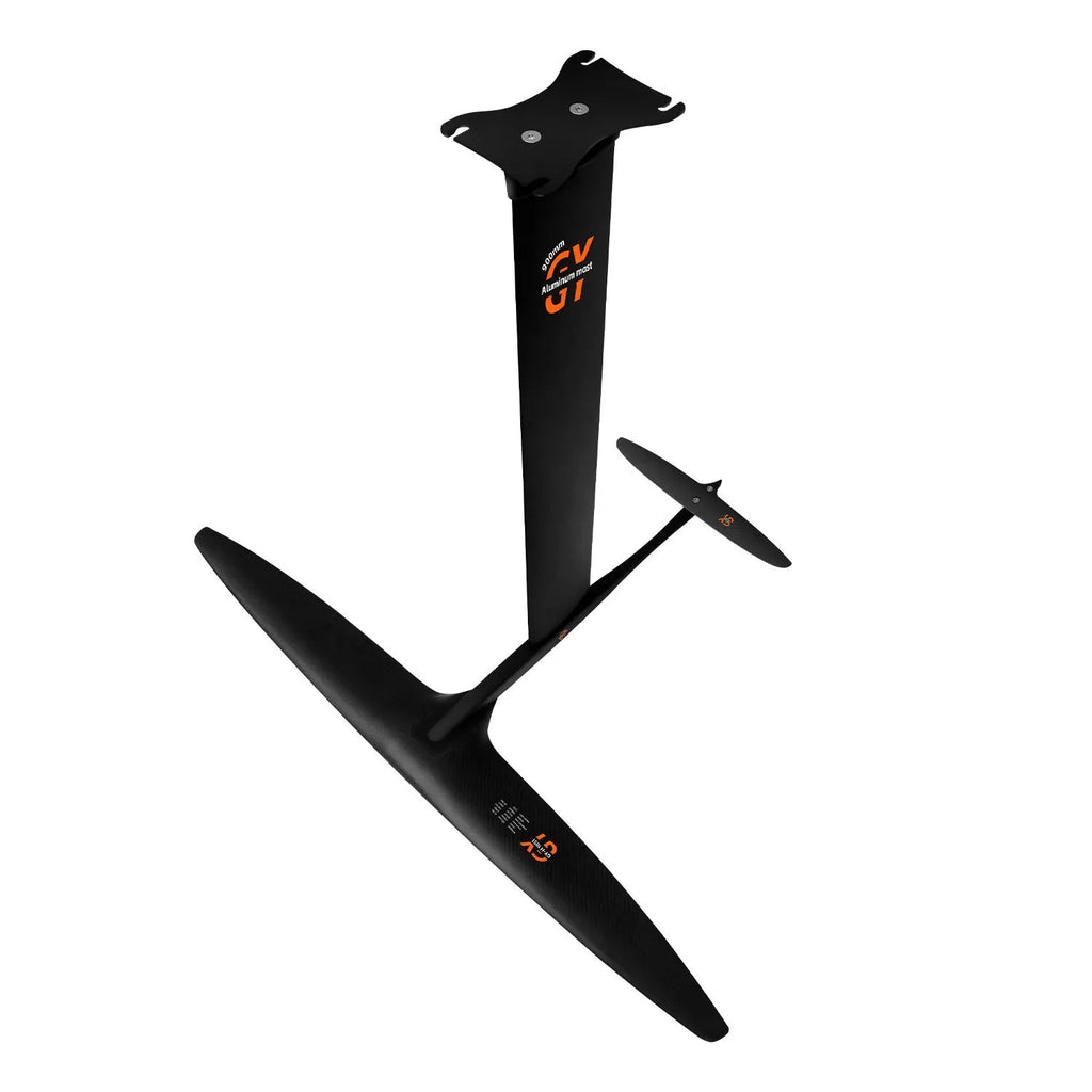 Black carbon fibre hydrofoil surfboard with aluminium alloy construction and 1051mm front wing
