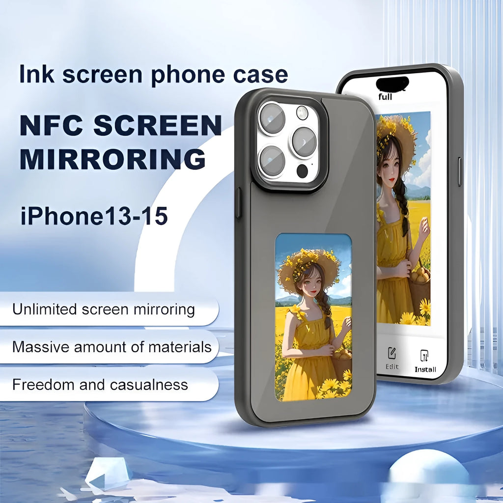 Black NFC four-color E-ink screen phone case for iPhone 15 with flower print, TPU composite board drop-proof