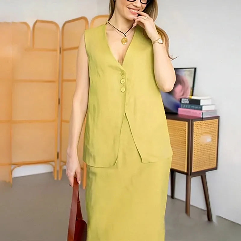 Women's sleeveless vest and long skirt two-piece suit in blue, white, or yellow polyester fabric