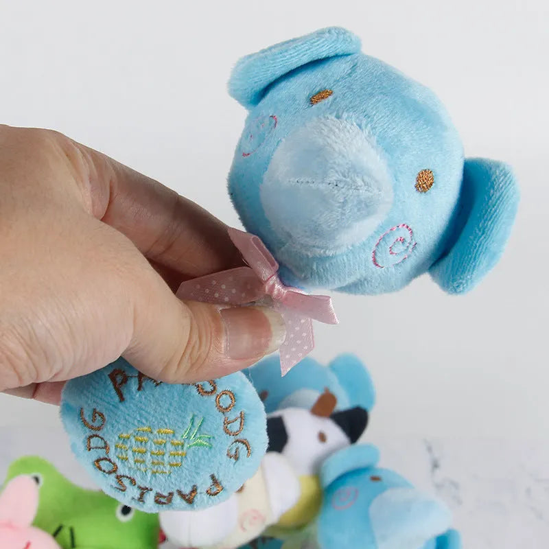 Animal plush squeaker dog toy with cotton rope sections in frog elephant cow bear designs