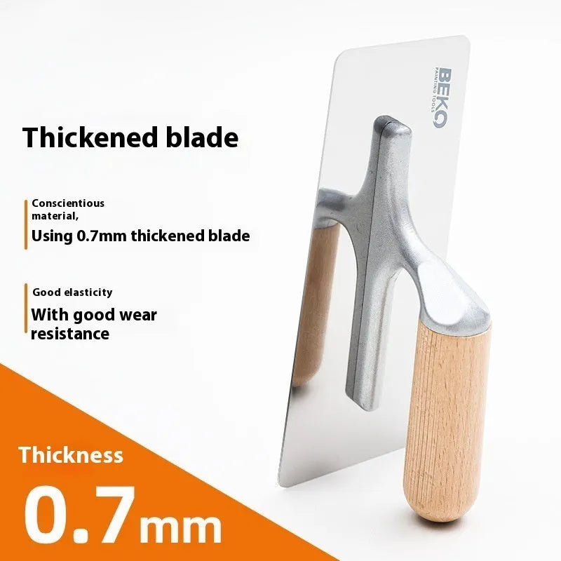 Stainless steel putty scraper with a wooden handle in three different blade sizes.