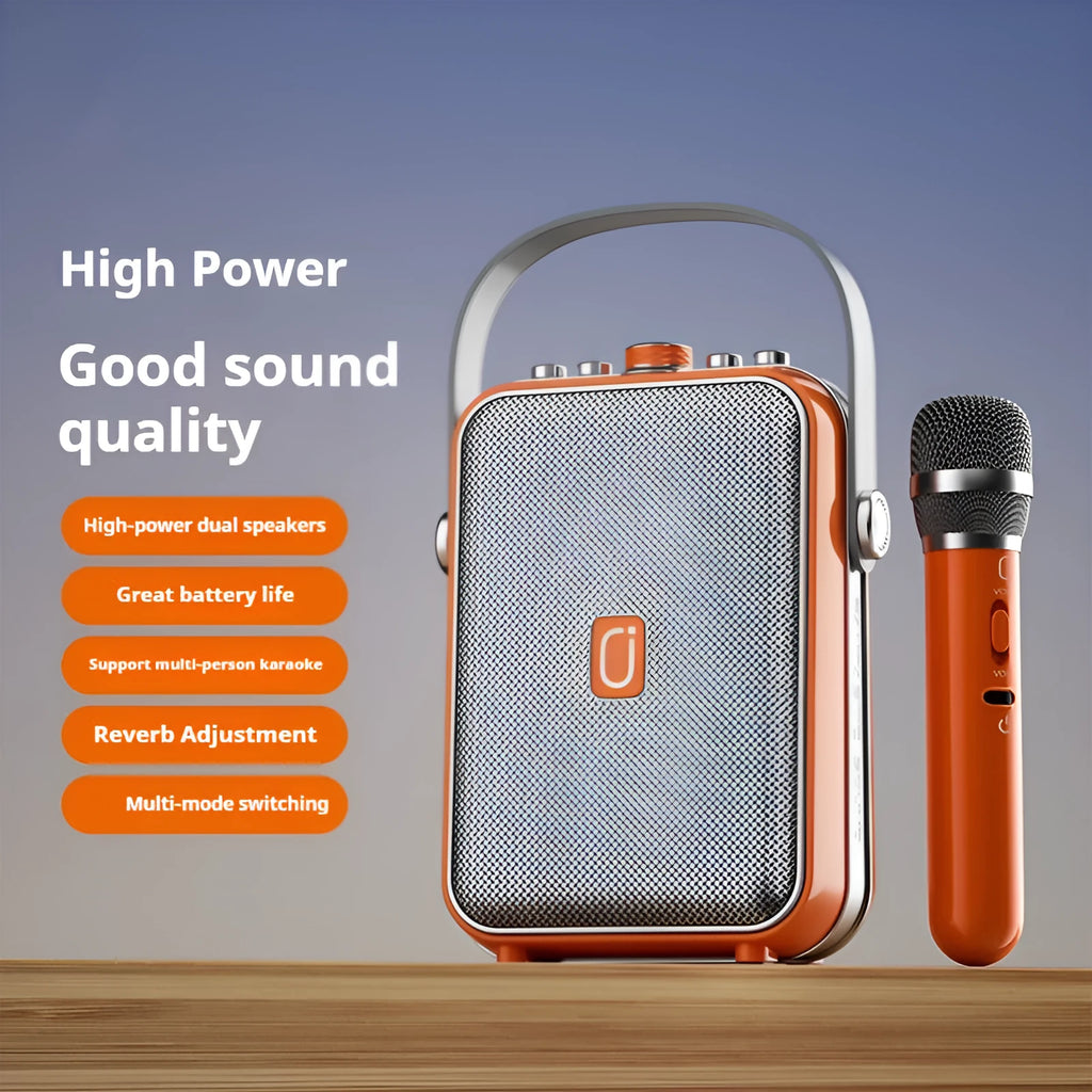 Outdoor karaoke Bluetooth speaker with dual wireless microphones in black, portable lithium battery design