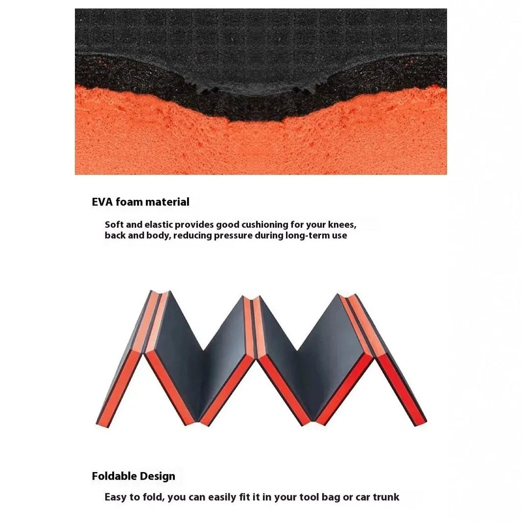 Green EVA foam folding kneeling mat unfolded on a garage floor