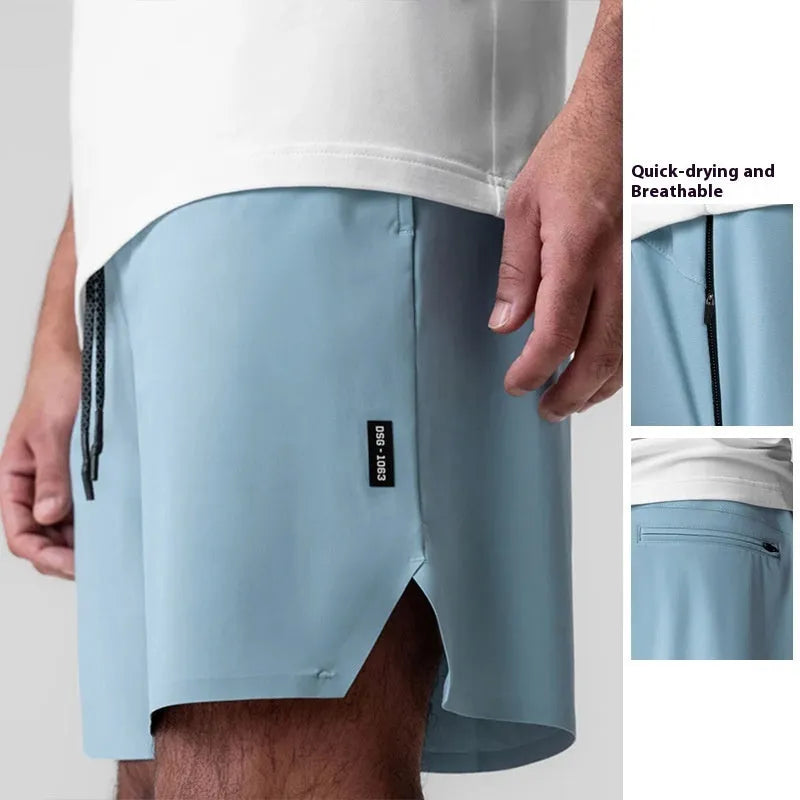 Men's grey micro-elastic sport shorts with knee-length straight-leg cut for summer training