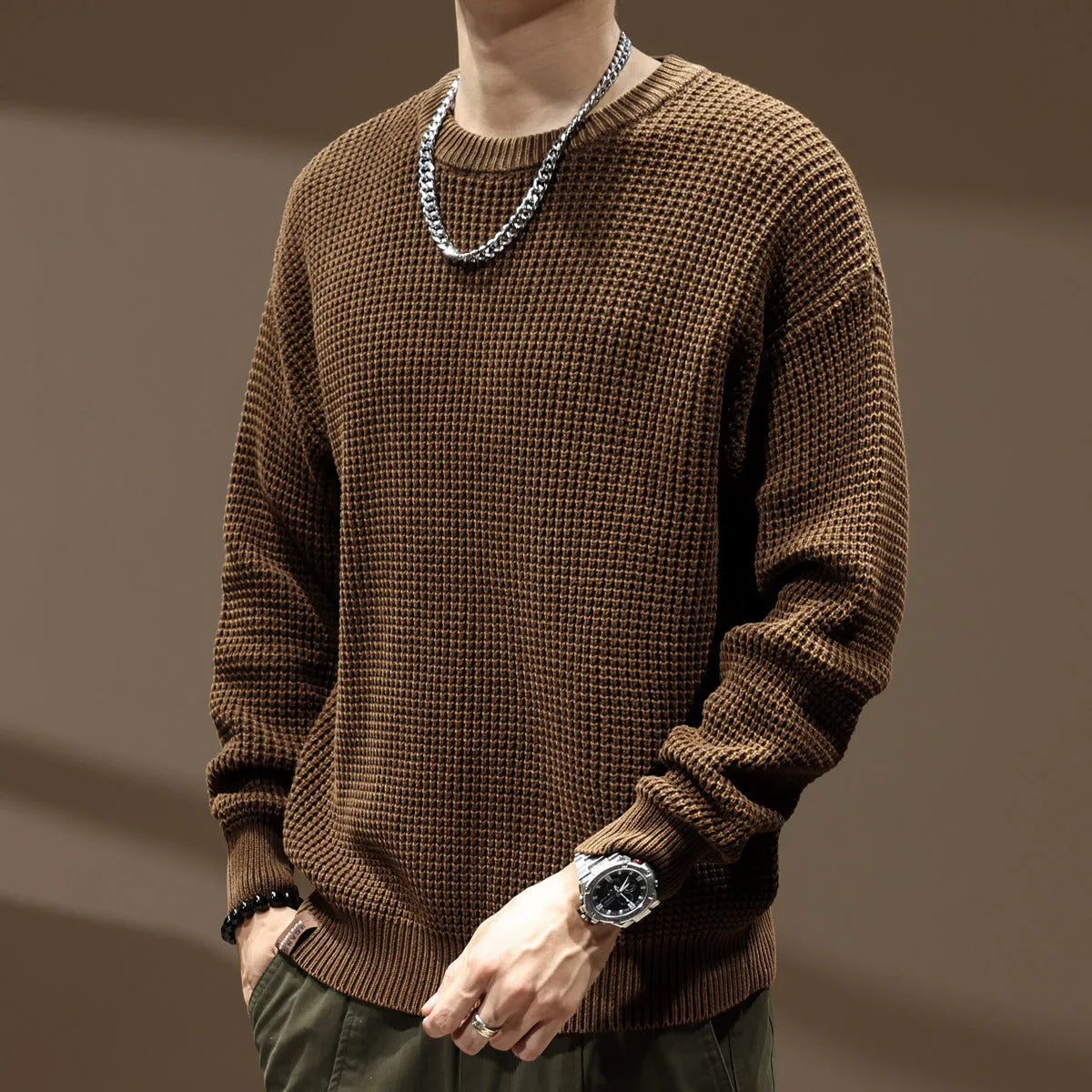 Men's loose fit cotton round neck sweater in dark coffee, thick needle retro knit, long sleeve pullover