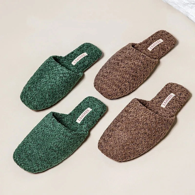 Fleece-lined thermal cotton slippers for women and men, non-slip beef tendon sole, square round toe, solid colour