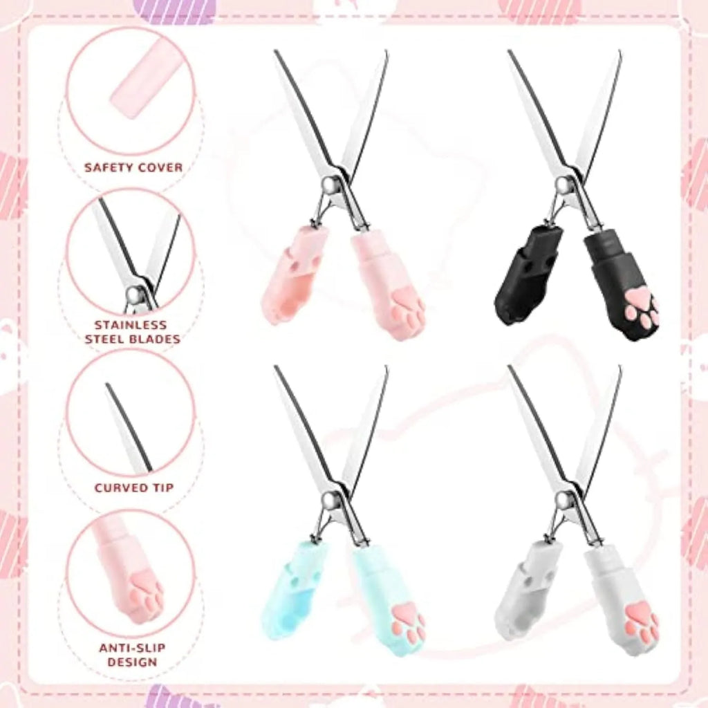 Cat paw mini folding scissors in four colours showing closed safety position and decorative handles