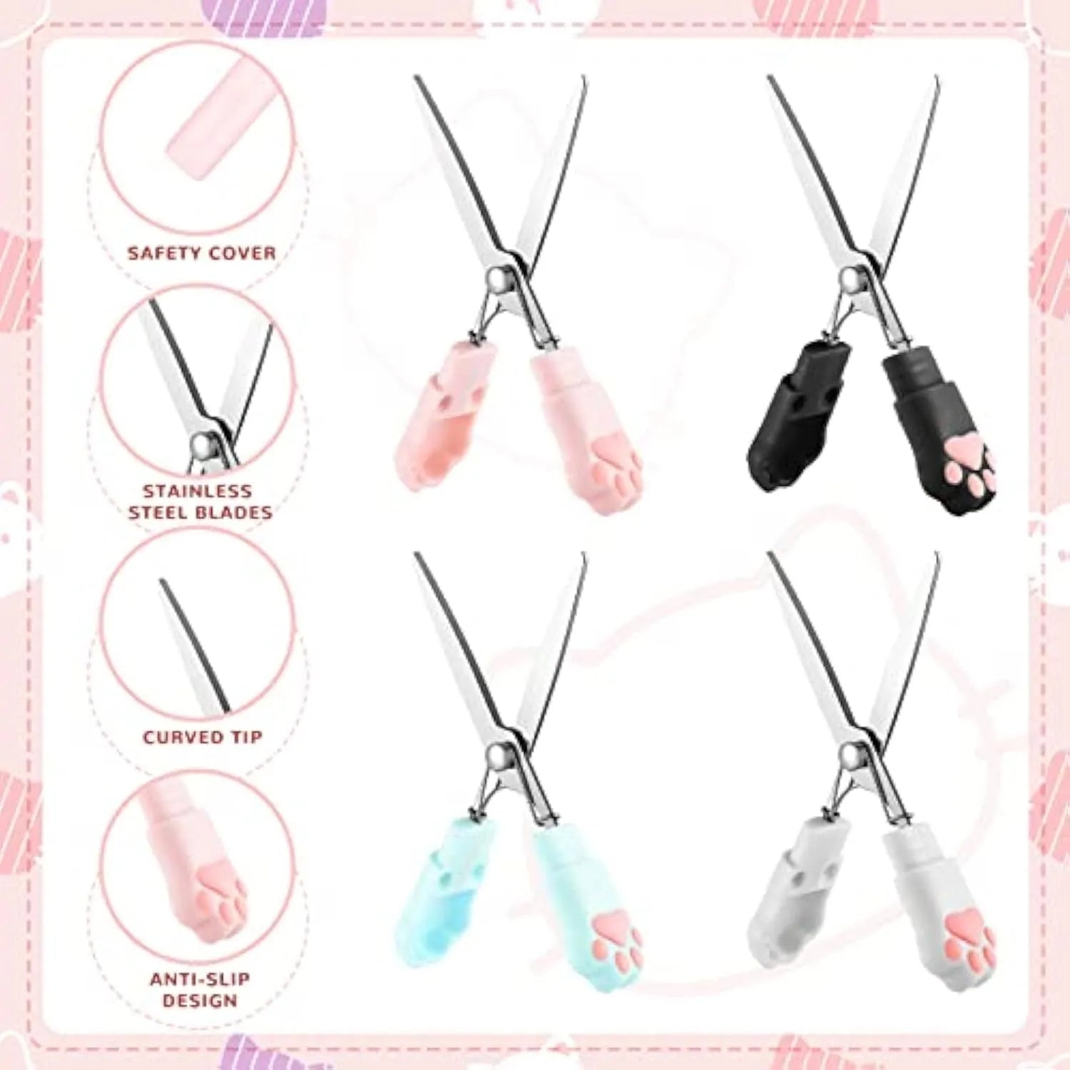 Cat paw mini folding scissors in four colours showing closed safety position and decorative handles