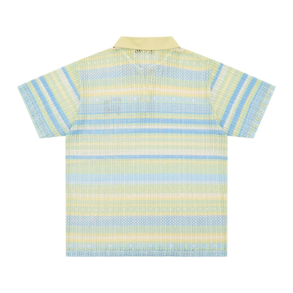 Men's blue printed short sleeve shirt with loose fit and elastic polyester fabric