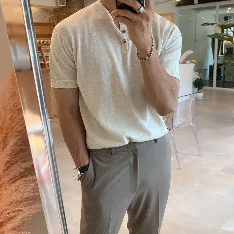 Men's slim-fit short-sleeved ice silk knitted shirt in black, khaki, or white colours