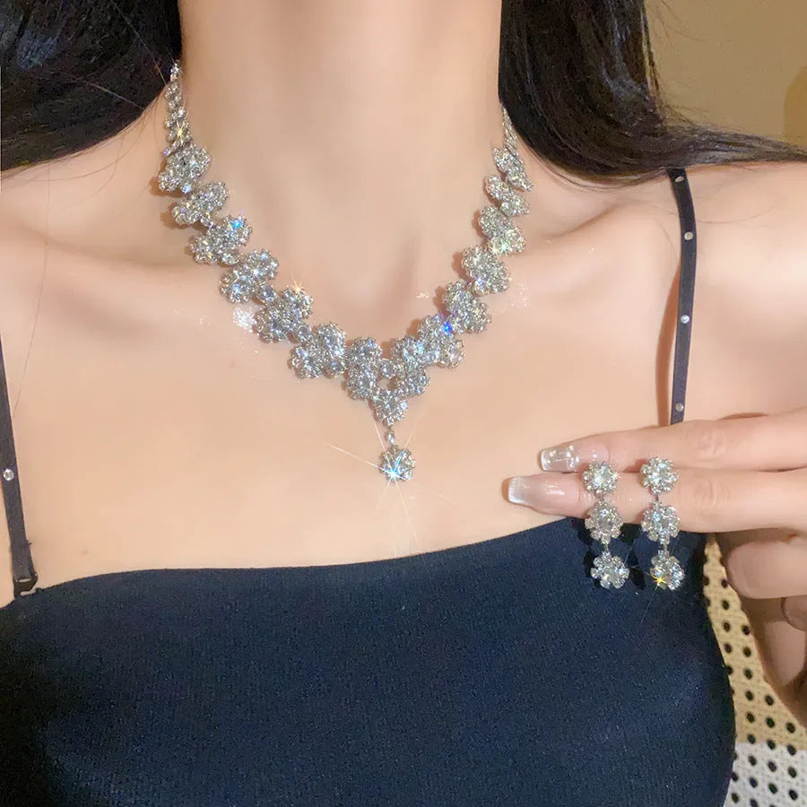 Diamond flower multi-layer pendant necklace and earrings set in silver colour on copper base