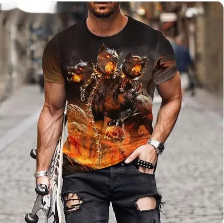 Men's black t-shirt with raised 3D lion graphic print on chest, polyester fabric casual top