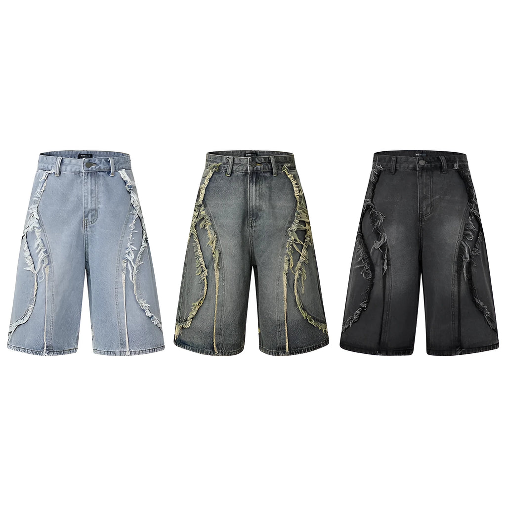 Pu Shuai men's distressed raw edge denim shorts in straight leg cropped cut on a solid background