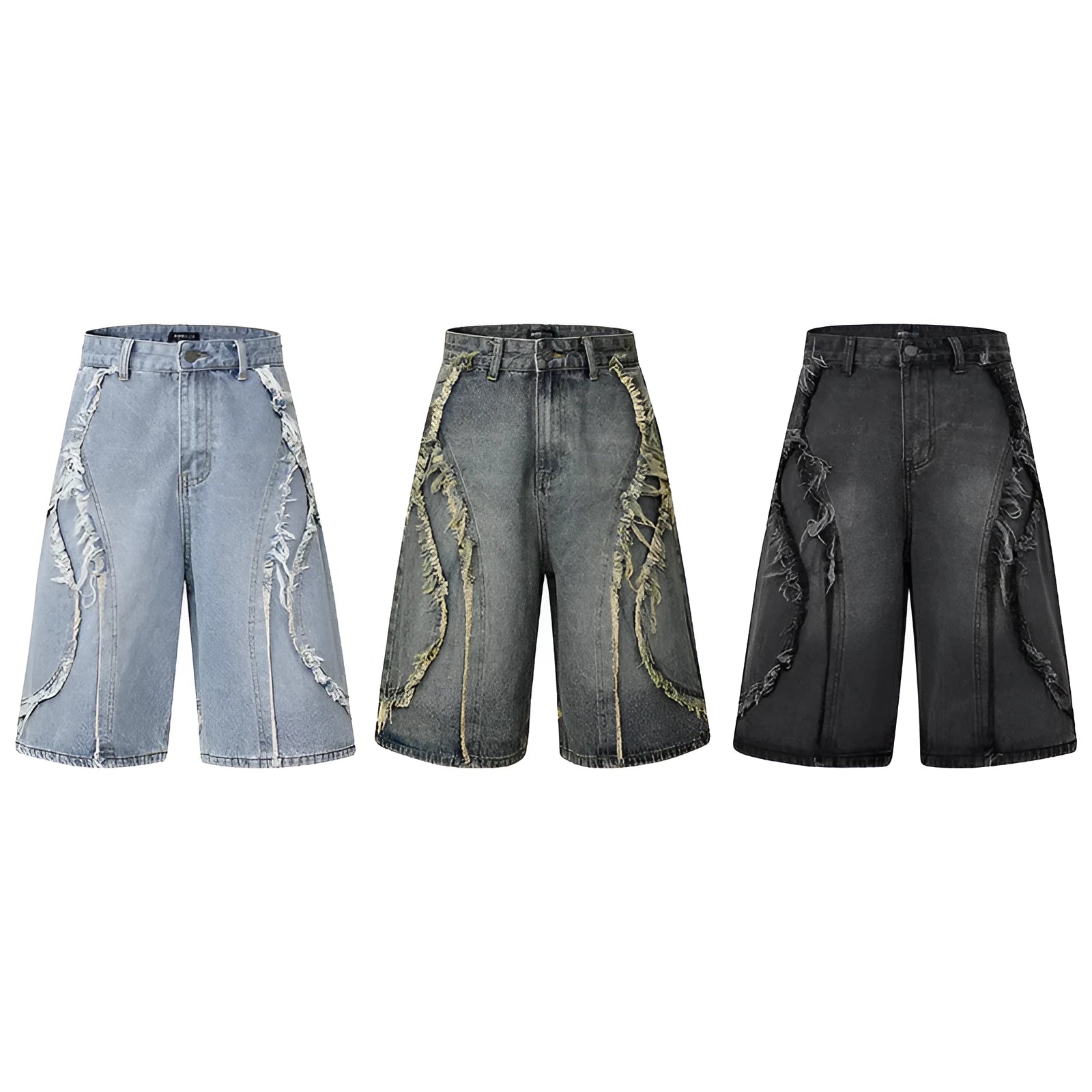 Pu Shuai men's distressed raw edge denim shorts in straight leg cropped cut on a solid background