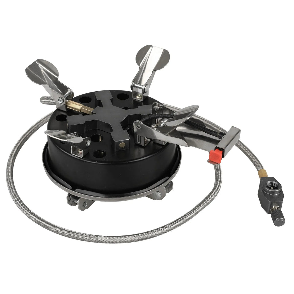 Silver foldable stainless steel and copper split camping stove with a long hose, shown closed for transport.