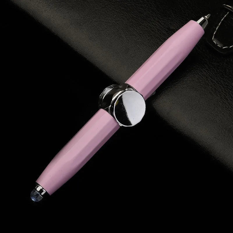 Metal gyro ballpoint pen with LED spinner at base, showing 10.5cm length and available ink colour options.