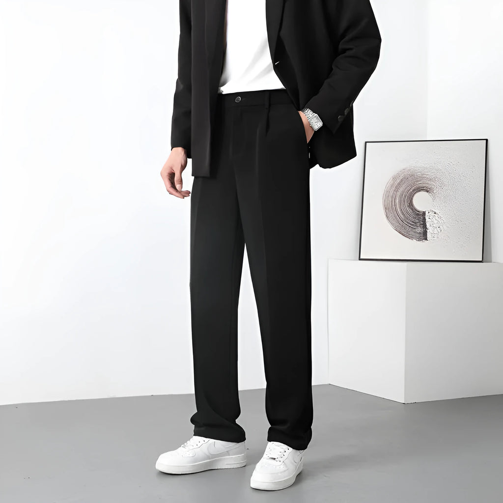 Men's casual fleece-lined trousers in solid colour, mid waist, zipper fly, Ice Silk fabric, loose fit