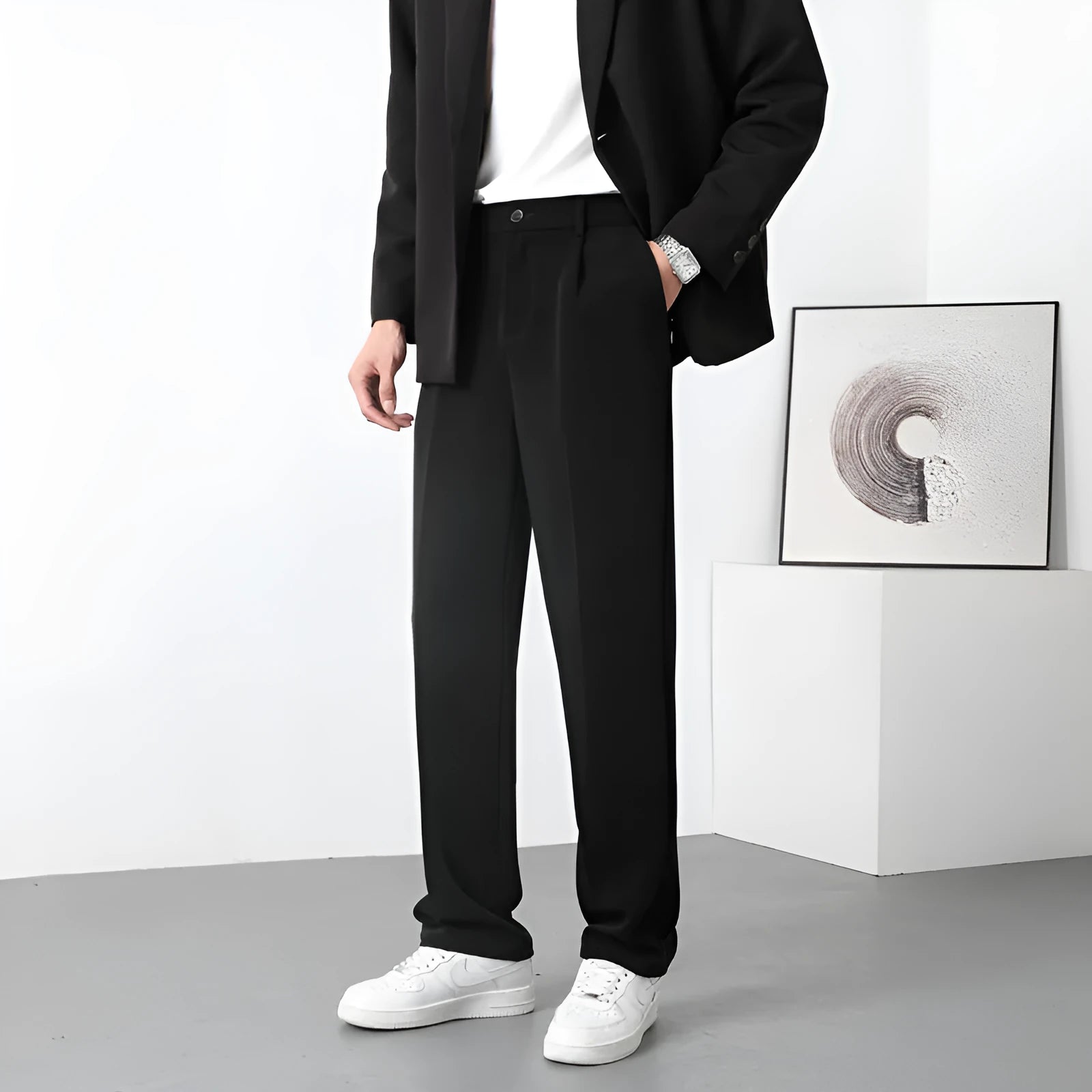 Men's casual fleece-lined trousers in solid colour, mid waist, zipper fly, Ice Silk fabric, loose fit