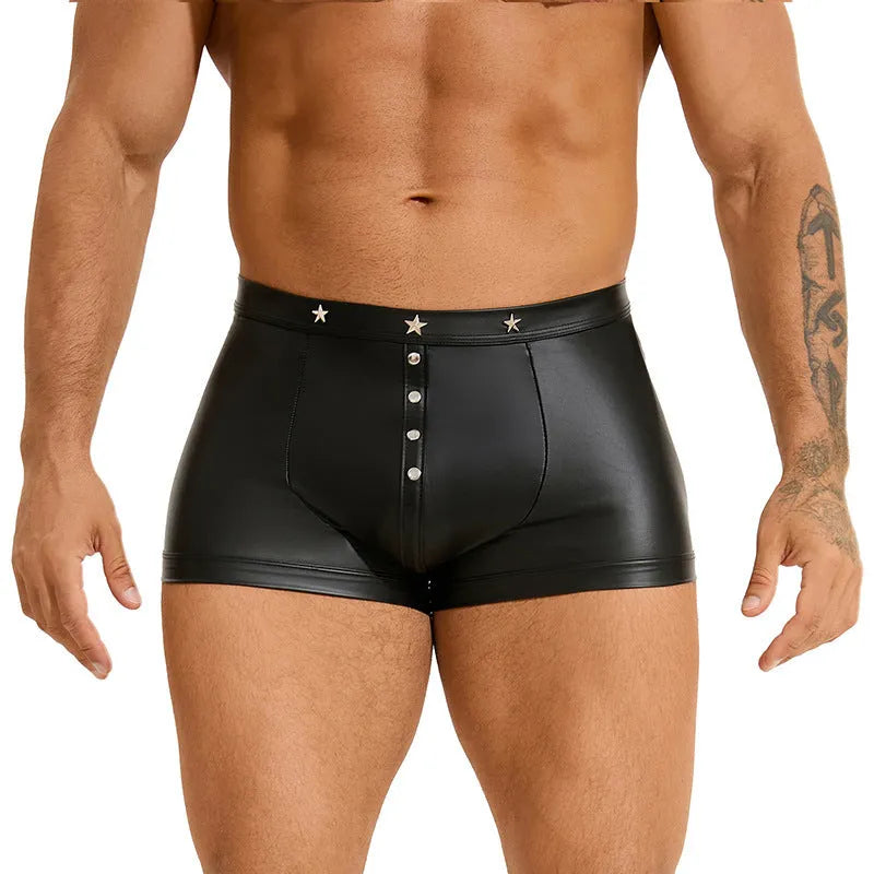 Black PU leather men's U-pouch shorts showing front design and leather-like appearance