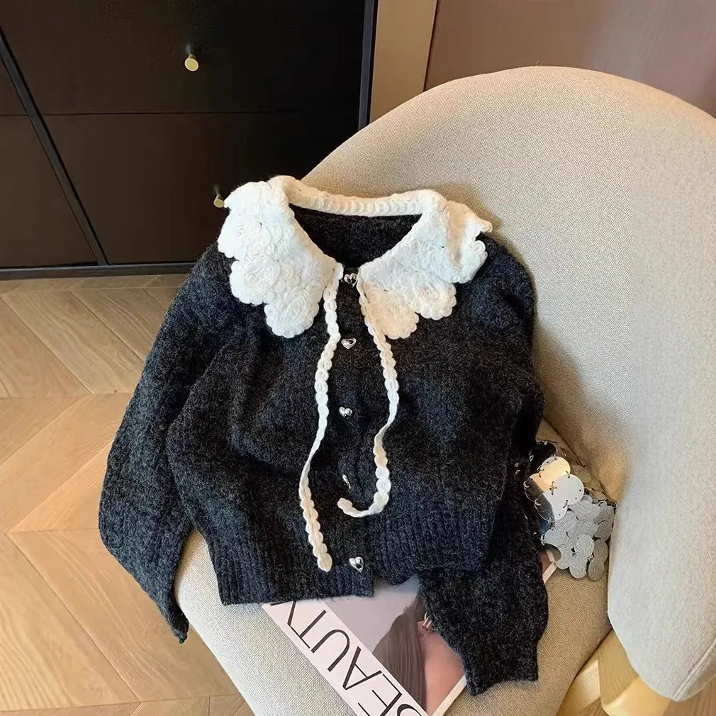 Black French style doll collar college style thick knit cardigan sweater loose fit